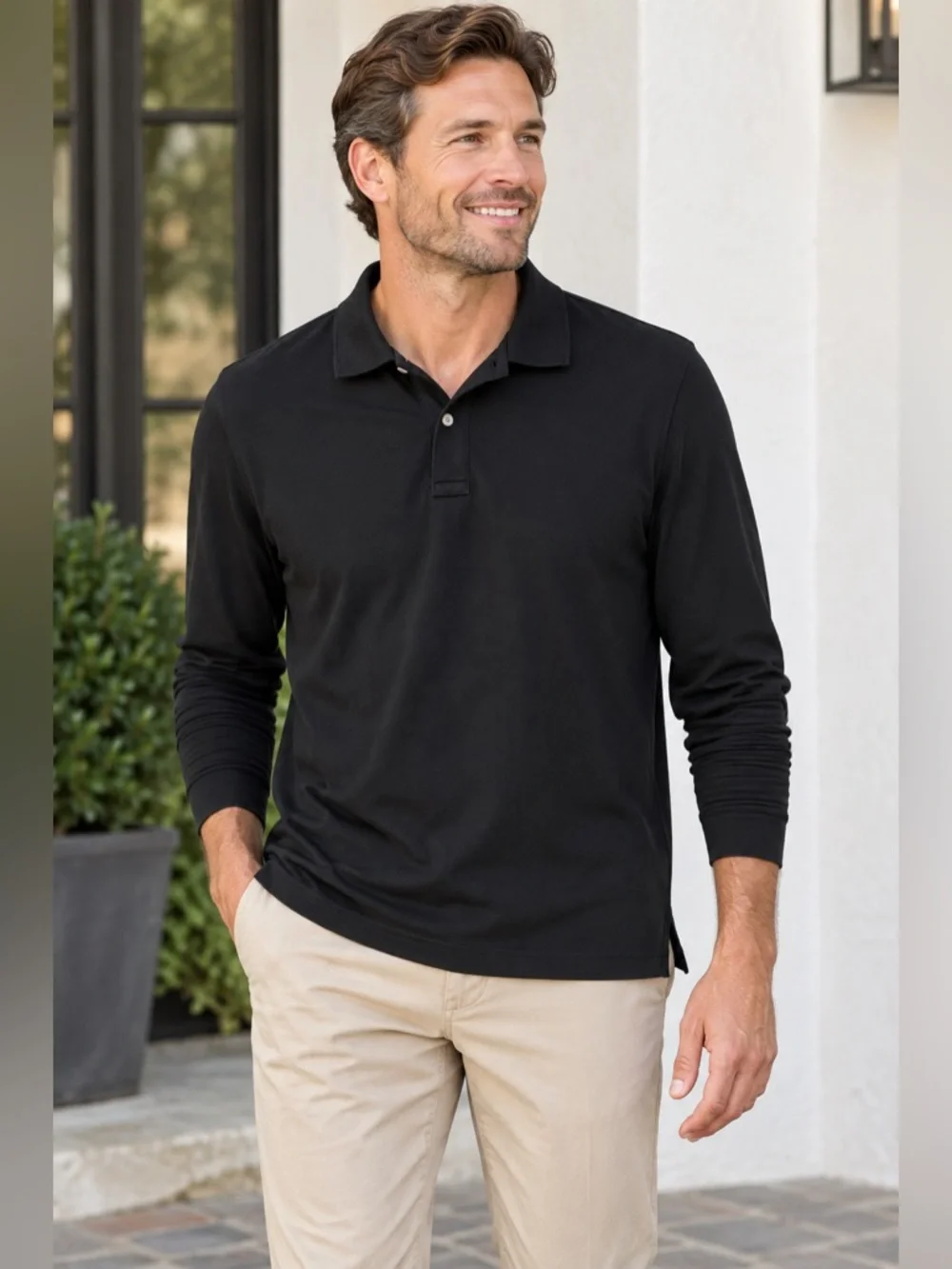J.Crew Men’s L Flex Piqué Black Long Sleeve Stretch Polo Shirt